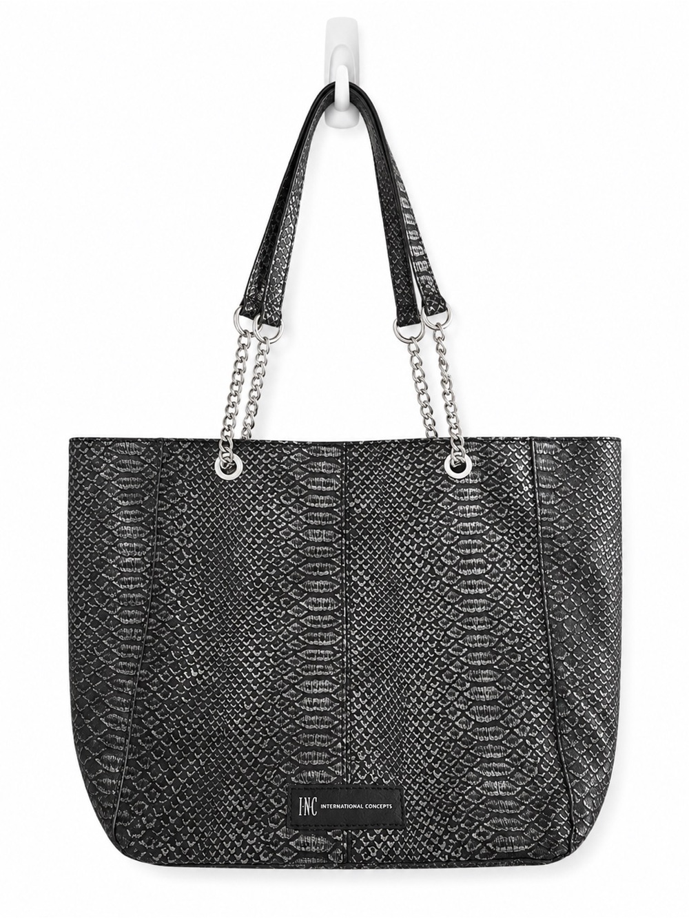 INC International Concepts Black Gray Snake-Embossed Tote with Chain Handles